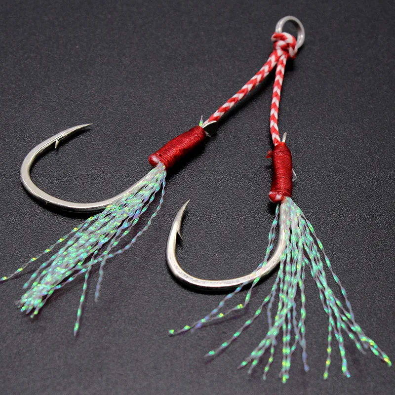 Fishing Supplies 200pcs Assist Blood Groove Hook Lure Slow Jigging Fishing Accessories Barbed Double Hooks Thread Feather Pesca