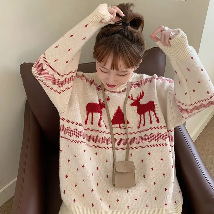 Woman Sweaters Pull Hiver Autumn and Winter Loose Thickened Christmas Deer Sweater Women\'s Pullover Femme Chandails