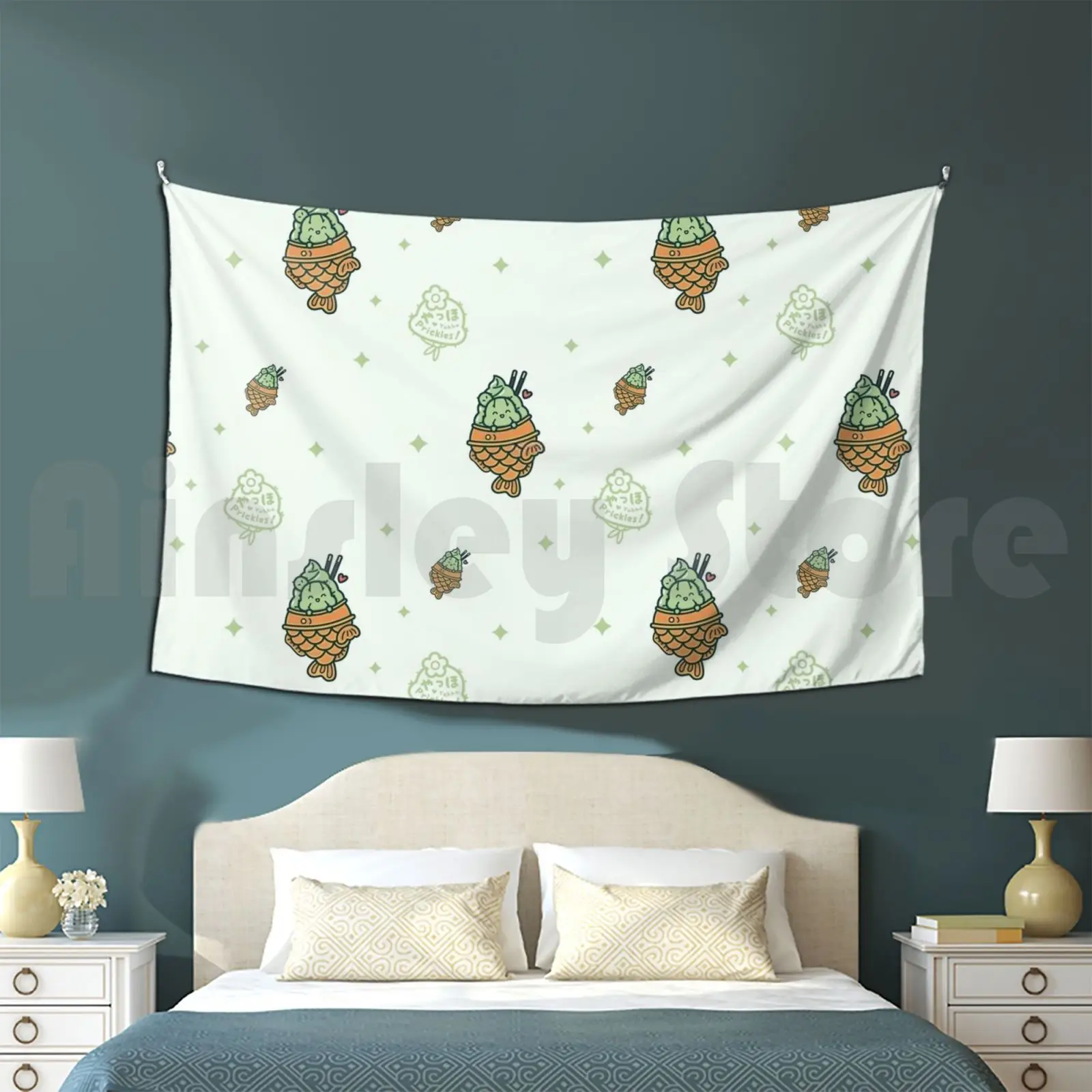 Matcha Taiyaki By Yahho Prickles! Tapestry Living Room Bedroom Yahho Prickles Cactus Cute Kawaii Adorable Vector