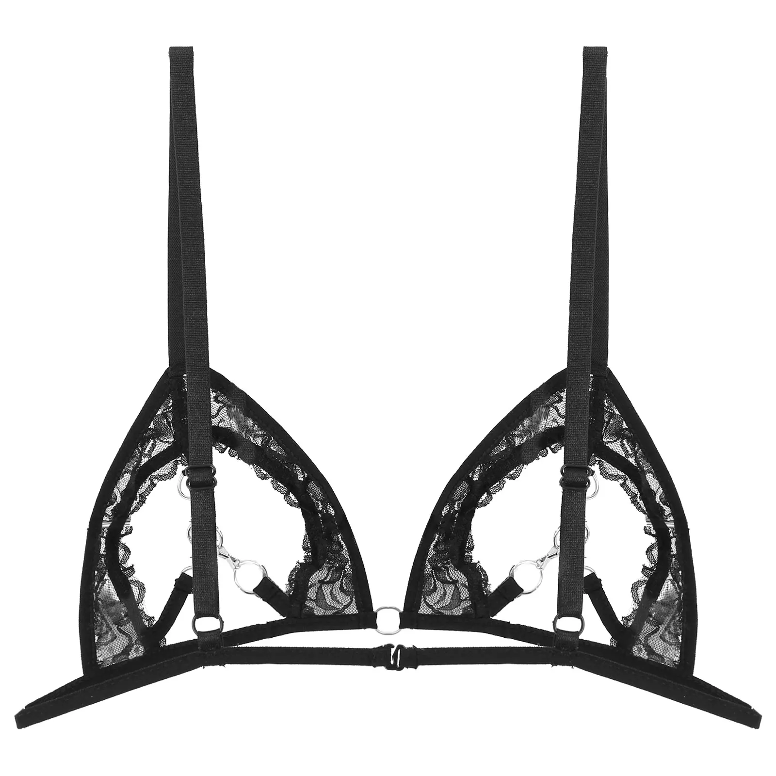 Womens Lingerie Open Cups Bra Top with Metal Rings Linked at Bust See Through Sheer Lace Transparent Lace Brassiere Underwear