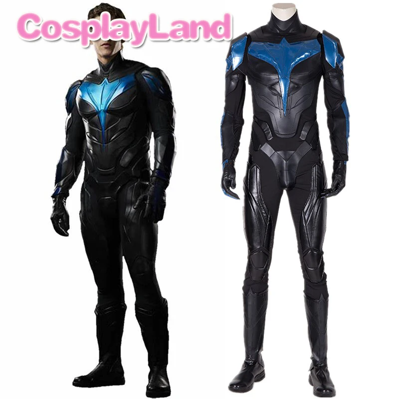 Titans Nightwing Dick Grayson Costume Halloween Cosplay Superhero Jumpsuit Black Armor Mask Adult Men Suit Fancy Party Outfit