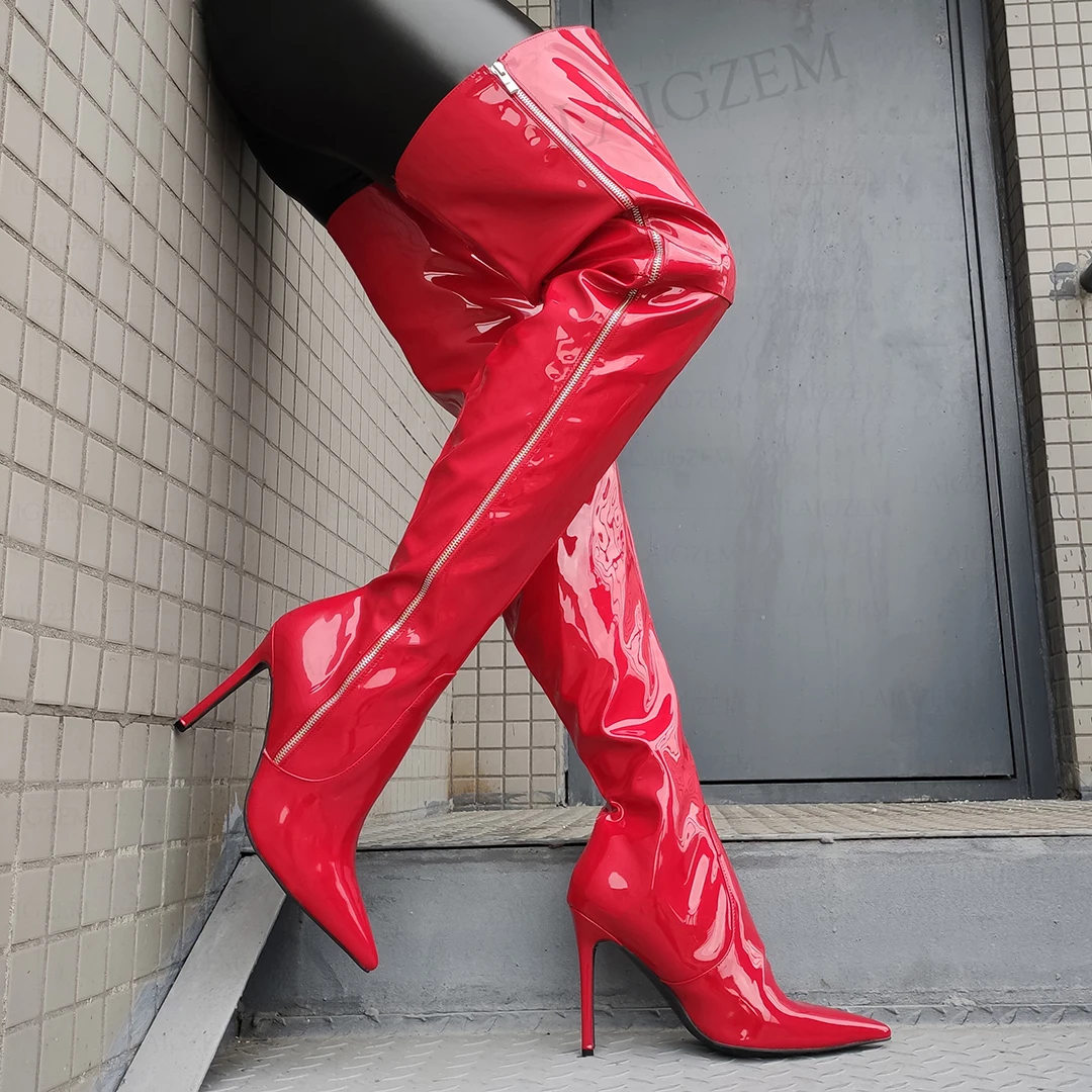 

LAIGZEM Women Thigh High Boots Full Zip Up Stiletto High Heels Boots Shiny Over Knee Scarpe Donna Shoes Woman Big Size 41 43 47