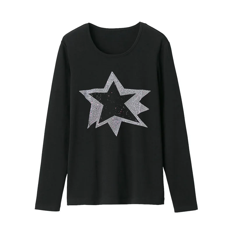 Spring and Autumn New Fashion Black long sleeve T-shirt women Stars pattern Hot diamonds Loose Casual Round neck tops female