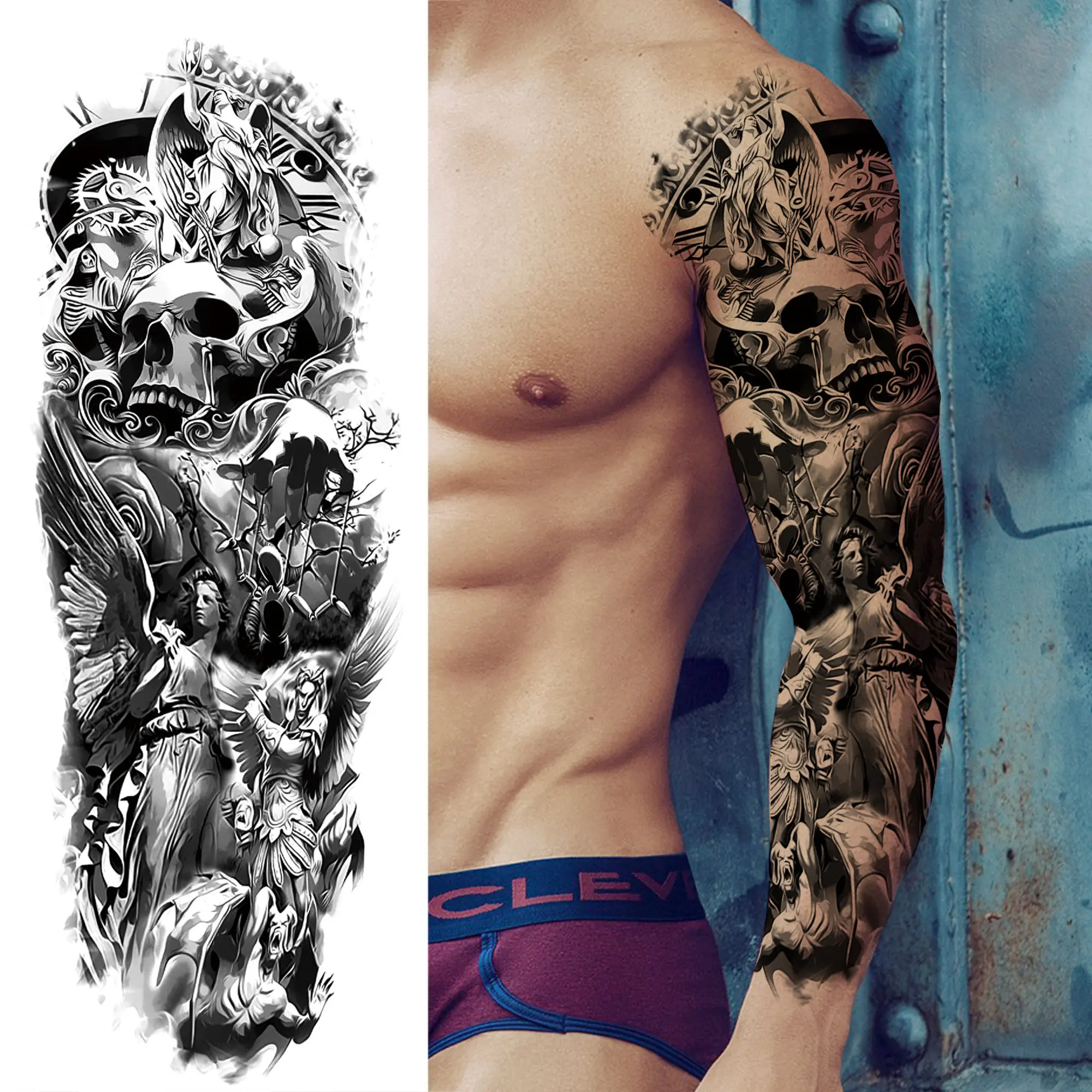 Manga de tatuajes temporales de brazo de Robot brújula para hombres y mujeres, calaveras falsas realistas, Ángel, tatuajes de brazo completo, tótem