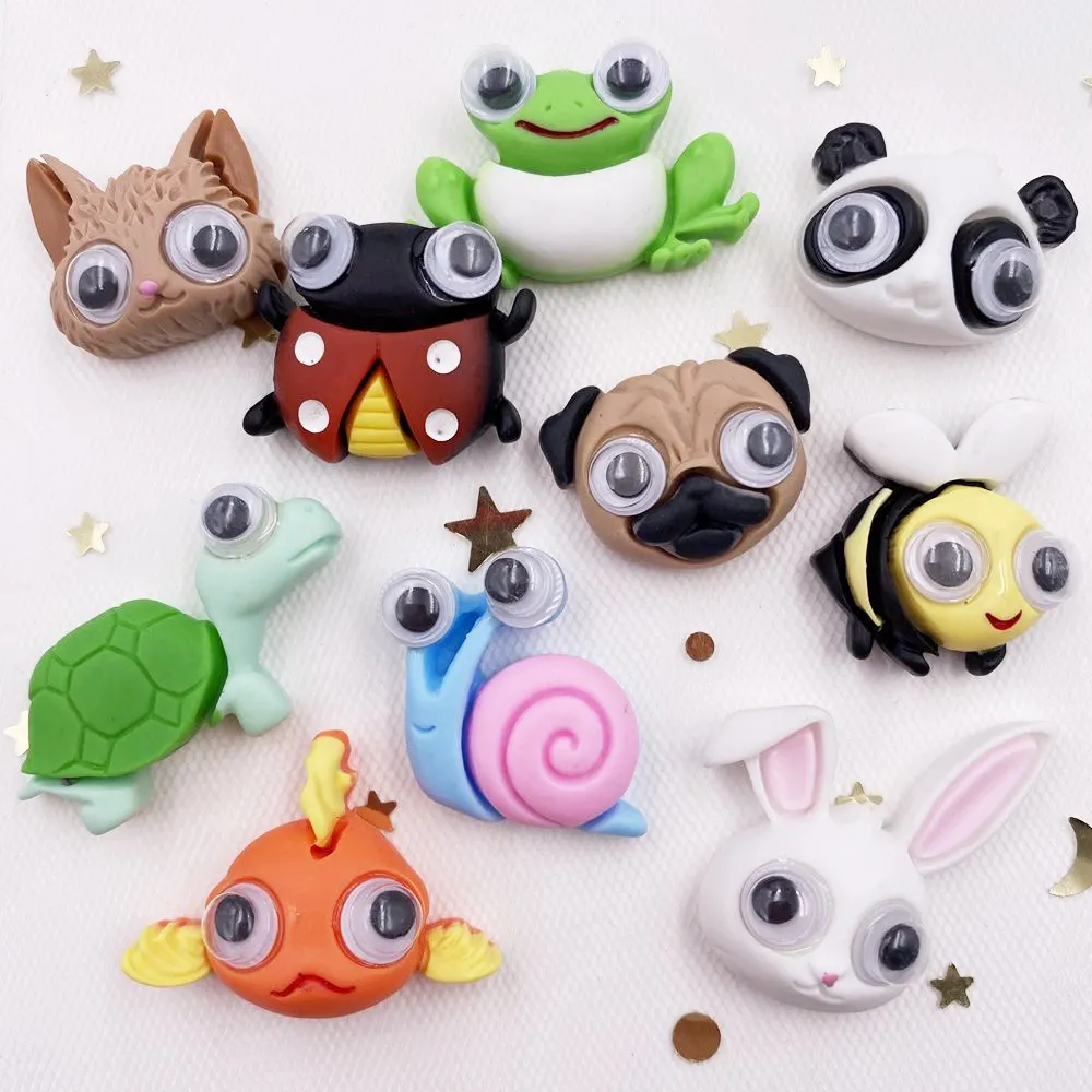 10 Uds. De ojos móviles pintados a mano de resina, lindos animales coloridos, cabujón plano, piedra, álbum de recortes, adornos de Halloween para manualidades