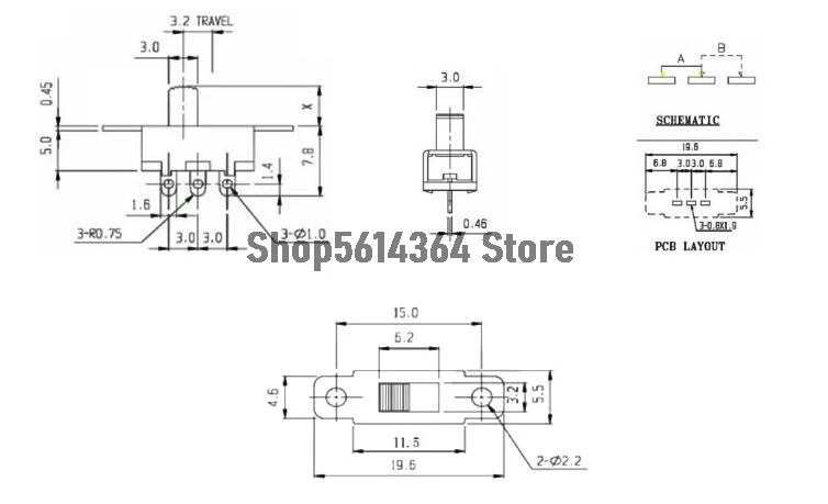 20PCS 2 Position Vertical Slide Switch 3Pins SS-12F15G6/G3