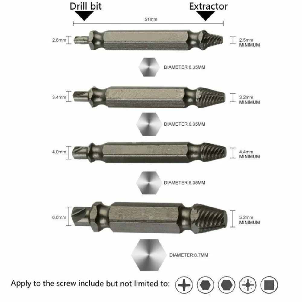 4Pcs Screw Extractor ชุดได้อย่างง่ายดายถอดหรือเสียหายสกรูคู่ Stripped Remover มือชุดเครื่องมือ