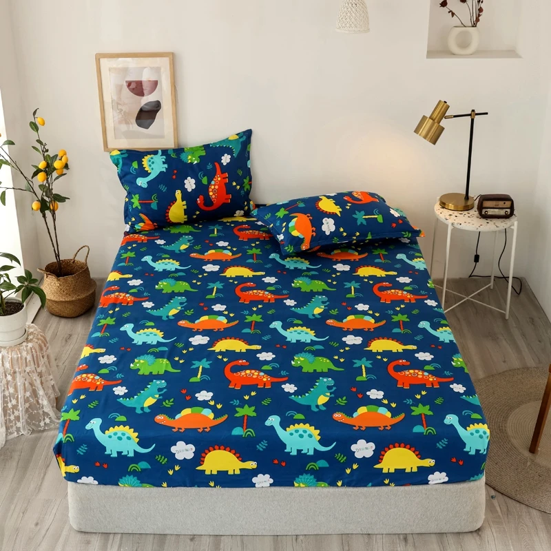 Bonenjoy  Bed Sheet Sets Single/Double/Queen Size sabanas de cama Dinosaur Cartoon Style Sheets on an Elastic Band For Kids