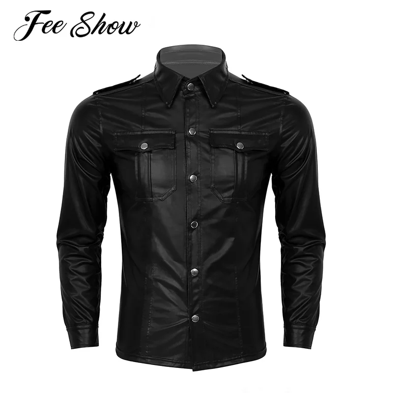 New Men Trend Wet Look Patent Leather Shirt Adult Party Shirt Turn-down Collar Long Sleeve Button Down Slim Fit Nightclub Shirts