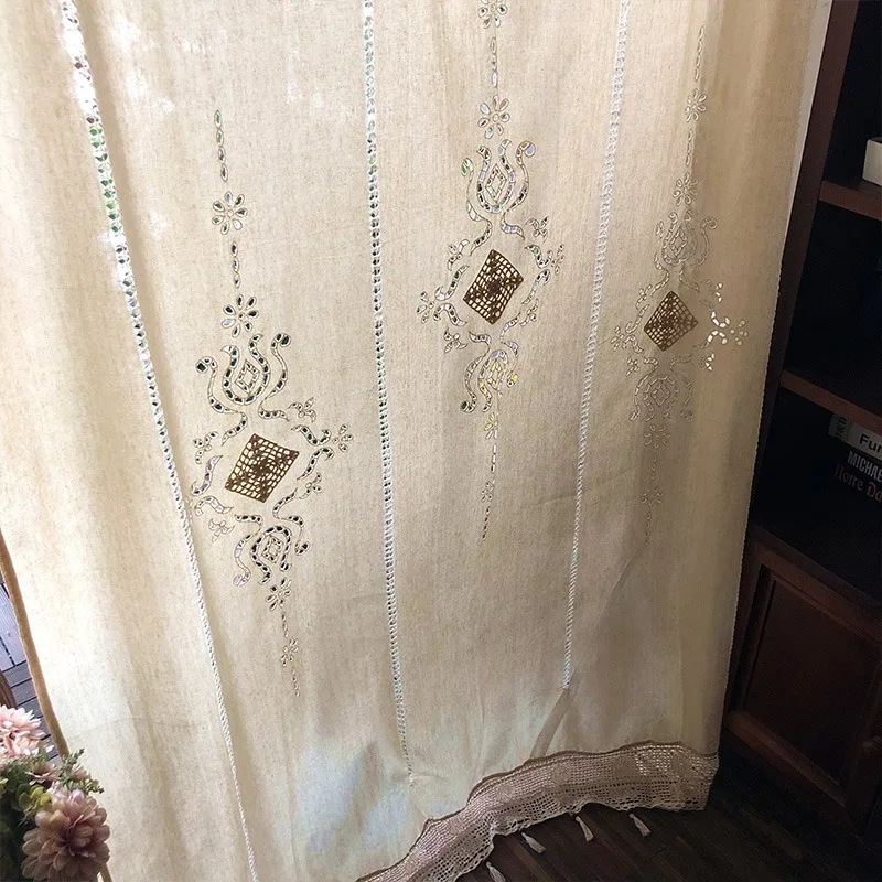Linen Hollow Solid Curtain Handmade Crochet Bottom Stitching 70% Blackout Window Curtain Customizable for Living Room
