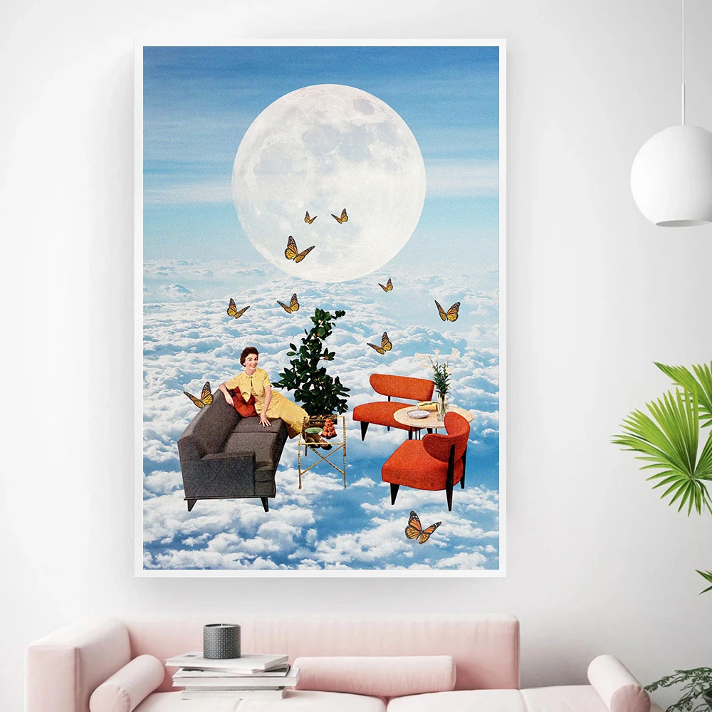 Vintage Surrealism Blue Sky White Clouds Art Print Painting Psychedelic Moon Butterfly Poster Wall Art Pictures Girl Room Decor