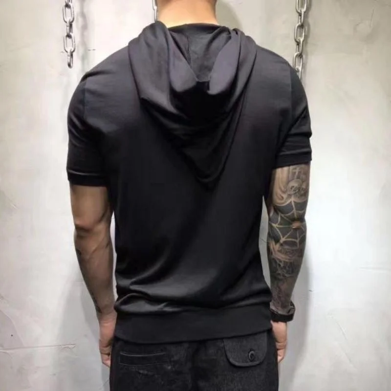 New Summer Men Short Sleeve T-shirt Casual Punk Zipper Hooded Tops Male Street Black Hip Hop Streetwear T-shirts Plus Size