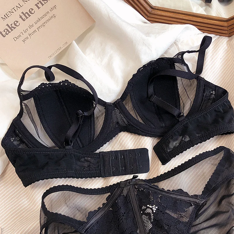 Sexy halbe tasse hohl mesh spitze satin dessous höschen weichen stahl ring dünne unterwäsche set bh große größe frauen bralette