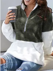 Women Winter Sweaters Turtleneck Sherpa Fleece Faux Fur Pullover Plus Size 5XL Tops Colorblock Lace Fleece Zipper Pull