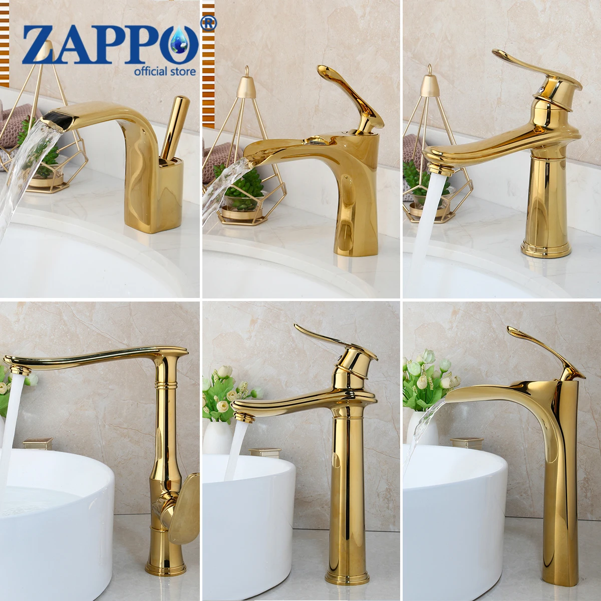 ZAPPO Bathroom Faucet Golden Stream Spout Basin Faucets Solid Brass Sink Faucet Deck Mount Hot Cold Water Mixer Tap Gold Plated