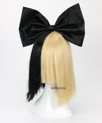Sia Alive This Is Acting Half Black And Half Light Blonde Covers Eyes And Nose Heat Resistant Hair Cosplay Wig + Wig Cap + Bow