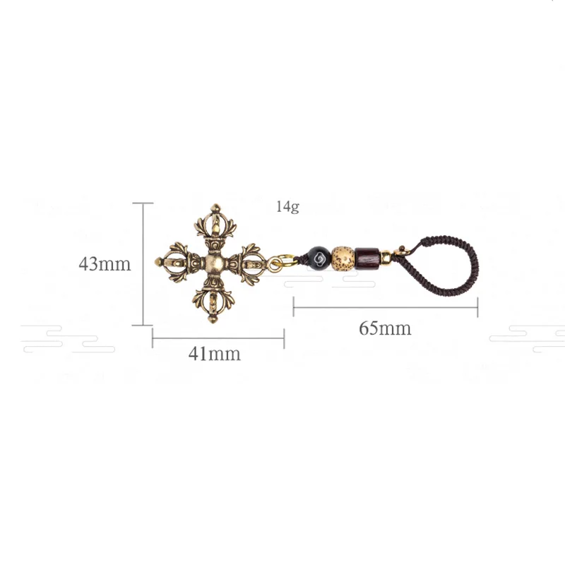 Retro Copper Cross Vajra Keychain Pendant Jewelry Handmade Braied Rope with Wooden Beads Religious Lanyard Hanging for Key Chain