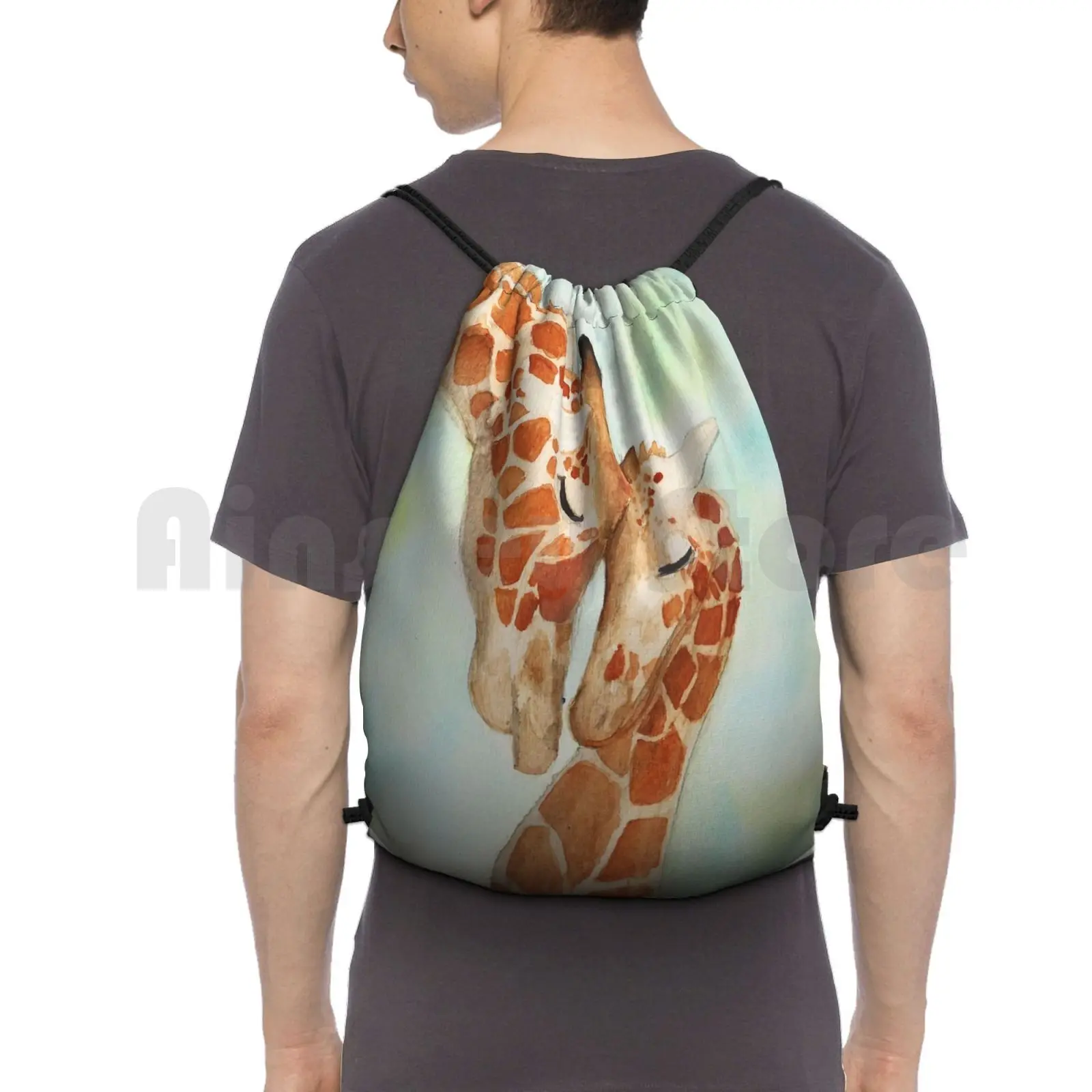 Watercolor Giraffes Backpack Drawstring Bag Riding Climbing Gym Bag  Giraffe Mother Child Baby Animal Animals Giraffes