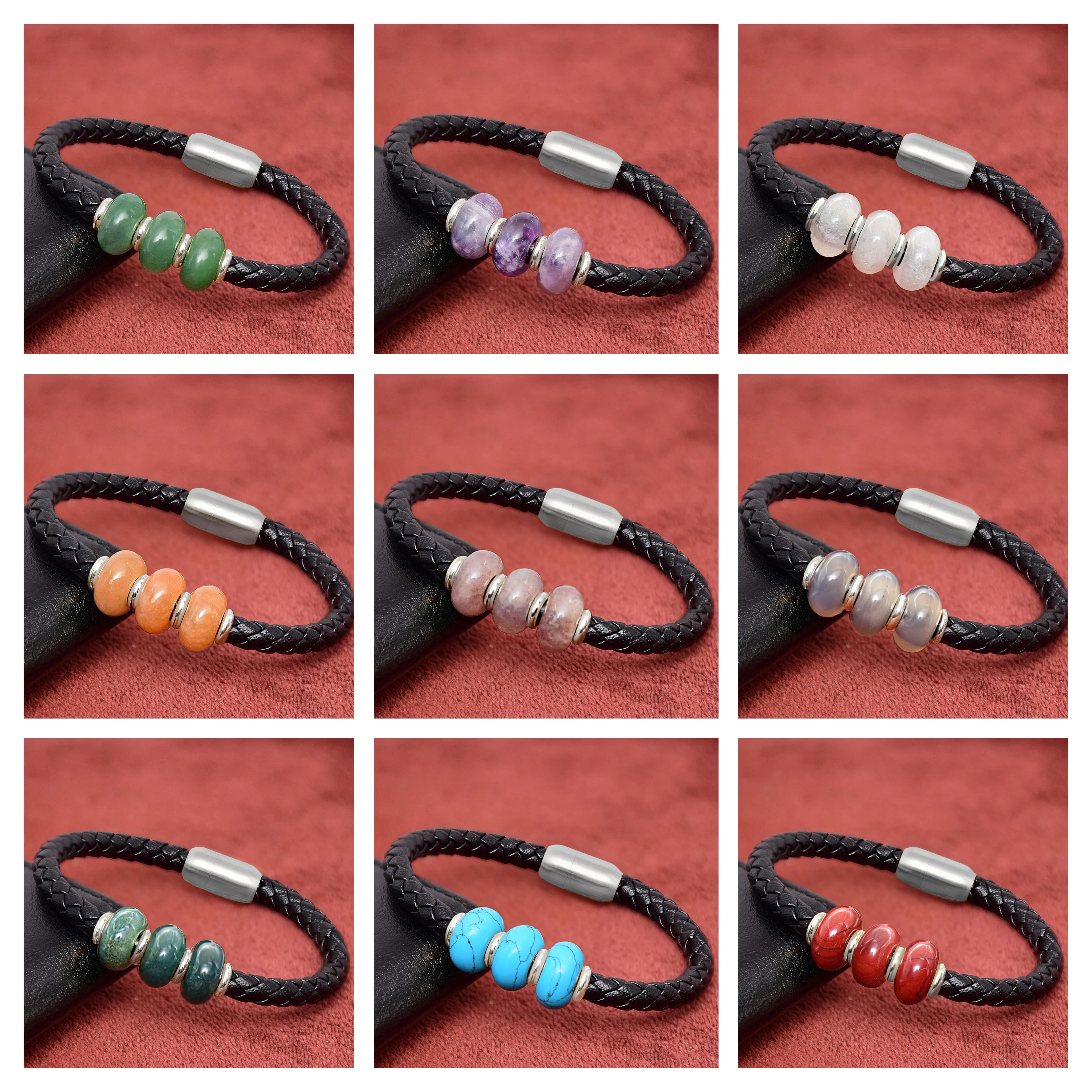 Punk Genuine Leather Men Bracelet 2020 Charms Natural Stone Beads Bracelet Mens Stainless Steel Jewelry Friends Gift