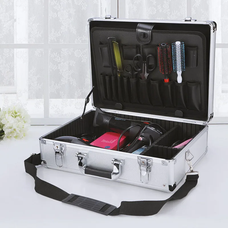 Aluminium Beauty Makeup Suitcase Black Hairdressing Stylis Barber Clipper Scissors Case Organizer Cosmetic Tool Box Shoulder Bag