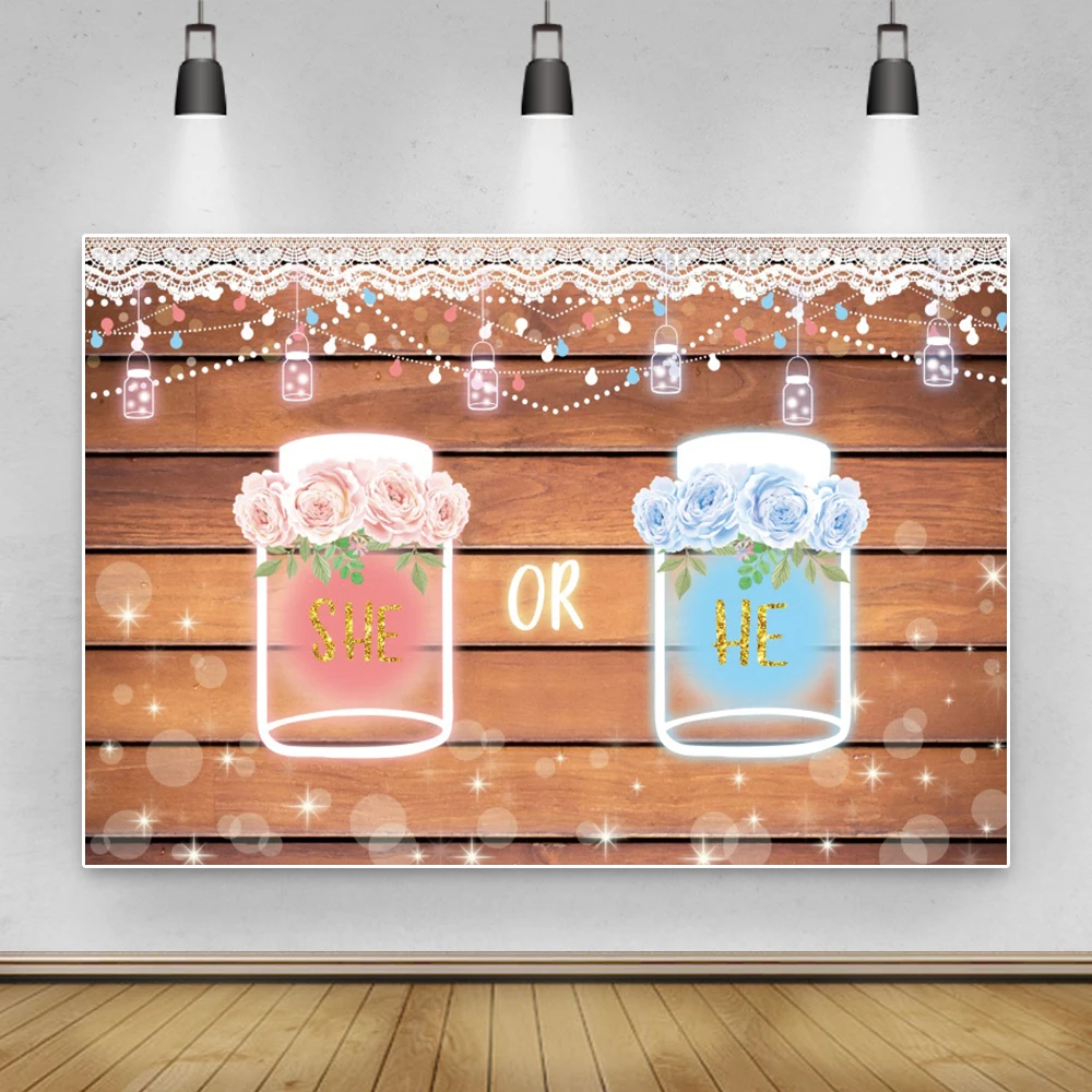 Laeacco She Or He Glitter Light Wooden Board Newborn Baby Shower Photography Backdrop Photographic Background For Photo Studio