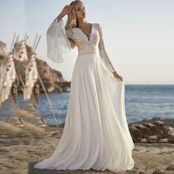 Latest Summer Ivory Boho Bridal Wedding Gowns Lace Long Flare Sleeves V Neckline Open Back Beach Bride Dresses 2024 Customized