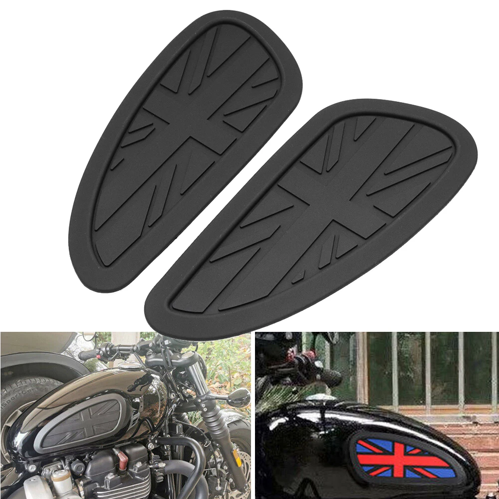 

Black Motorcycle Tank Knee Pads Union Jack For Triumph Thruxton Bonneville Scrambler T120 Universal Gas Fuel Grip Traction Pads