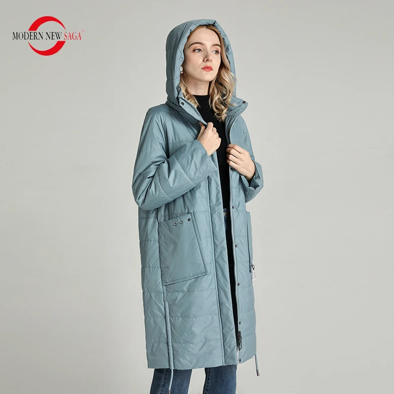 MODERN NEW SAGA Autumn Women Parka Spring Women Coat Cotton Padded Jacket Hooded Long Coat Windproof Zipper Plus Size Outerwear