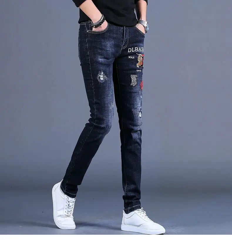 Korea Version Men’s Noble Blue Jeans, High Quality Slim Stretch Jeans,Light Luxury Embroidery Jeans, Sexy Ripped Street Jeans;