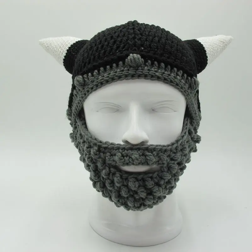 Men\'s Vikings Helmet Hat Horn Beard Gorro Fancy Dress Handmade Knit Winter Cap Warm Beanie Halloween Gift Vicking Party