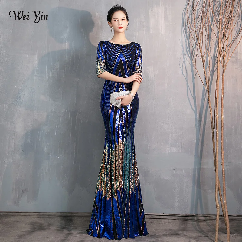 Wei yin AE0370 abito da sera blu lungo Sparkle mezza manica o-collo donna elegante paillettes sirena Maxi abito da sera abito da sera