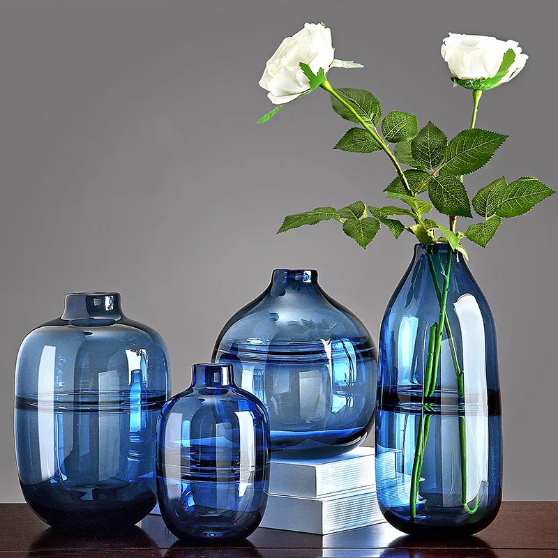 

Creative Blue Hydroponic Dried Flower Arrangement Vase Ornament Living Room Bedroom Modern Dining Table Flower Glass Vase Crafts