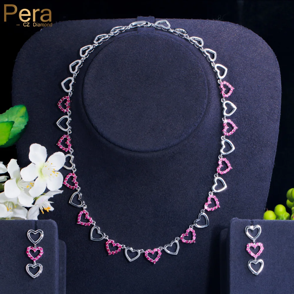 Pera Sweet Hot Pink CZ Zircon Silver Color Love Heart Shape Link Choker Necklace Earrings for Brides Wedding Party Jewelry J444