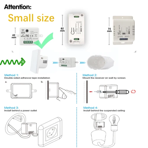 Imagen 2 del producto Miniinterruptor de pared con WIFI para el hogar, pulsador de luz con Panel de pared de 433Mhz, módulo de relé con temporizador, compatible con Smart Life, Tuya, Alexa y Google Home