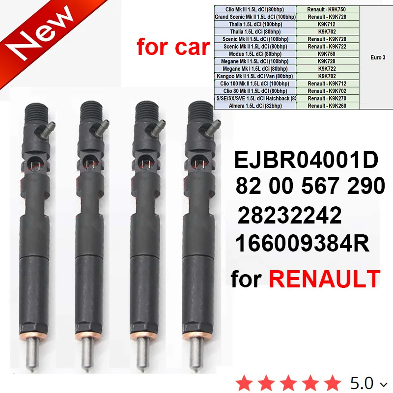 

4PC Common Rail Injector EJBR04001D 82 00 567 290 for ENAUL Clio Mk III 1.5L dCI (80bhp) Renault - K9K750