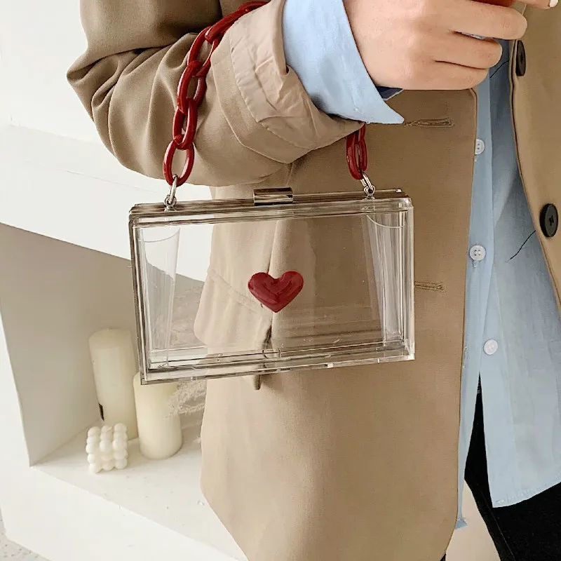 Girls Bag 2023 New Acrylic Box Shoulder Bags Handbag Chains Lady Hasp Transparent Love Mini Bag Evening Bags