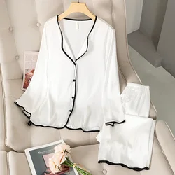 Pajamas Women Sleepwear Spring Summer Thin Ice Silk Satin Loungewear Trouser Suits Solid White Black Edge Long Sleeve Home Wear