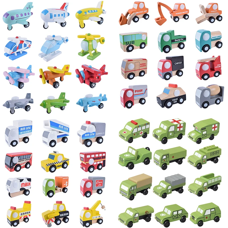 12PCS Kids Mini Wooden Truck Aircraft Model Toy Montessori Wooden Education Colorful Vehicle Toys Simulation Car Decoration Gift