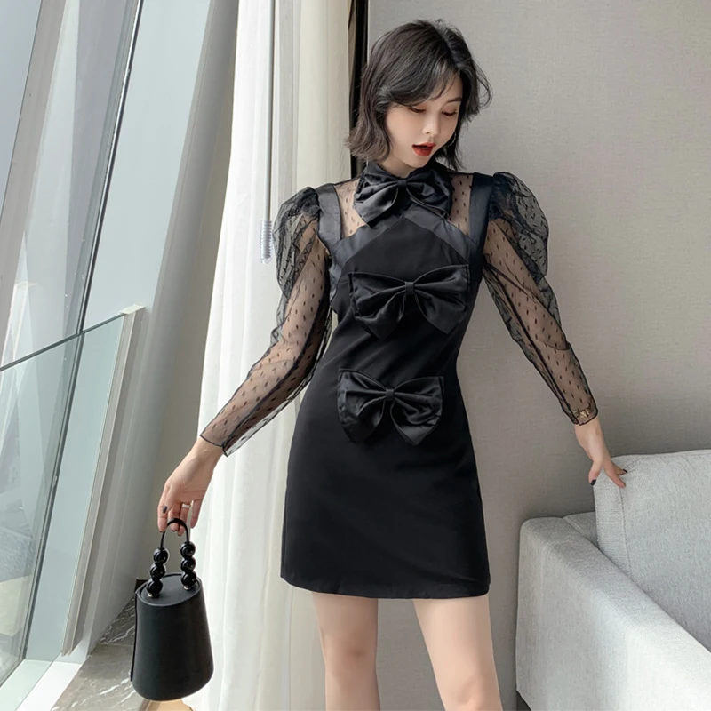 

new arrival comfortable fashion bows backless sexy formal dress high quality perspective sleeves vintage elegant mini dress