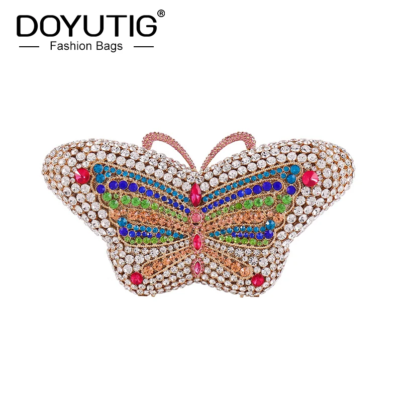 DOYUTIG Shiny Colorful Diamond Butterfly Clutches Women Beauty Rhinestones Wedding Metal Chains Crossbody Bag Dinner Bag A265