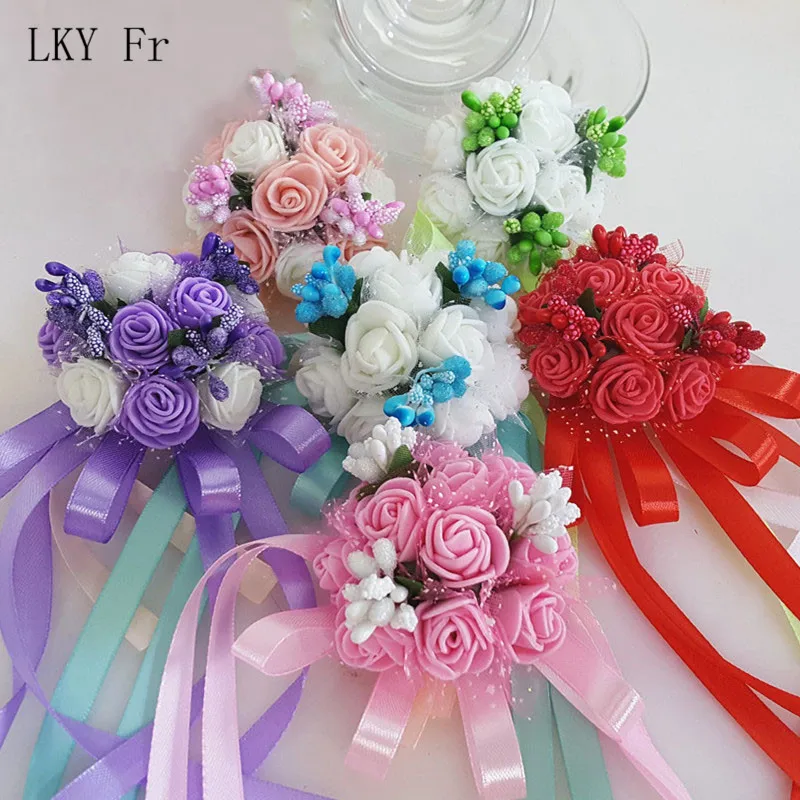 LKY Fr-Espuma Rosas Boutonniere para Casamento, Pulseira dama de honra, Pulseira Nupcial, Irmã, Menina Pulseiras, Festa Prom Decoração, Pulso Corsage