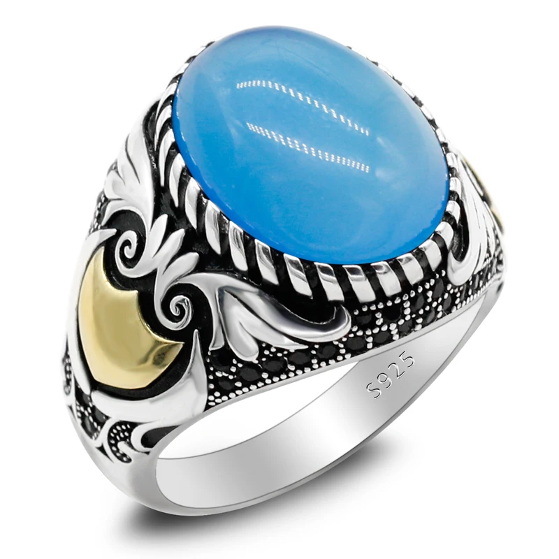 

New Style 925 Sterling Silver Natural Agate Men's Ring Turkish Punk Style Wings Exquisite Men's and Women's Cocktail Party Ring