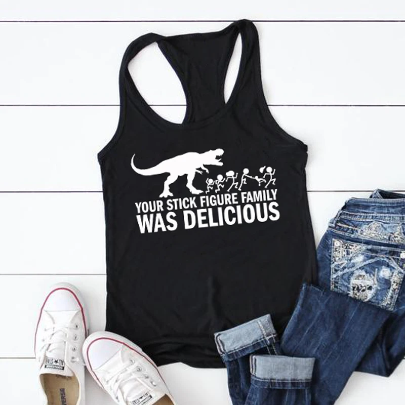 Women's Flowy Racerback Black Tanks Casual Graphic Funny Slogan Yoga Tee Shirt Your Stick Figure Family Was Delicious Tank Tops