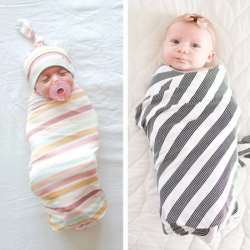 Rainbow Stripe Baby Swaddling Blanket Cap Cotton Baby Receiving Blanket and Hat Bedding Sleeping Bag for Newborn Babies Infants