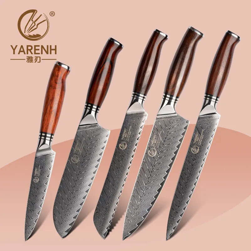 

YARENH 5 Pcs Kitchen Knife Set Chef Slicing Bread Utility Paring Knife Set 73 Layers Damascus Steel with Dalbergia Wood Handle