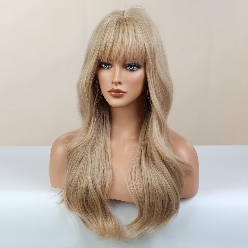 BLONDE UNICORN Long Wavy Synthetic Hair Wigs Light Blonde with Bangs For Black White Women Heat Resistant Fiber Daily Wig