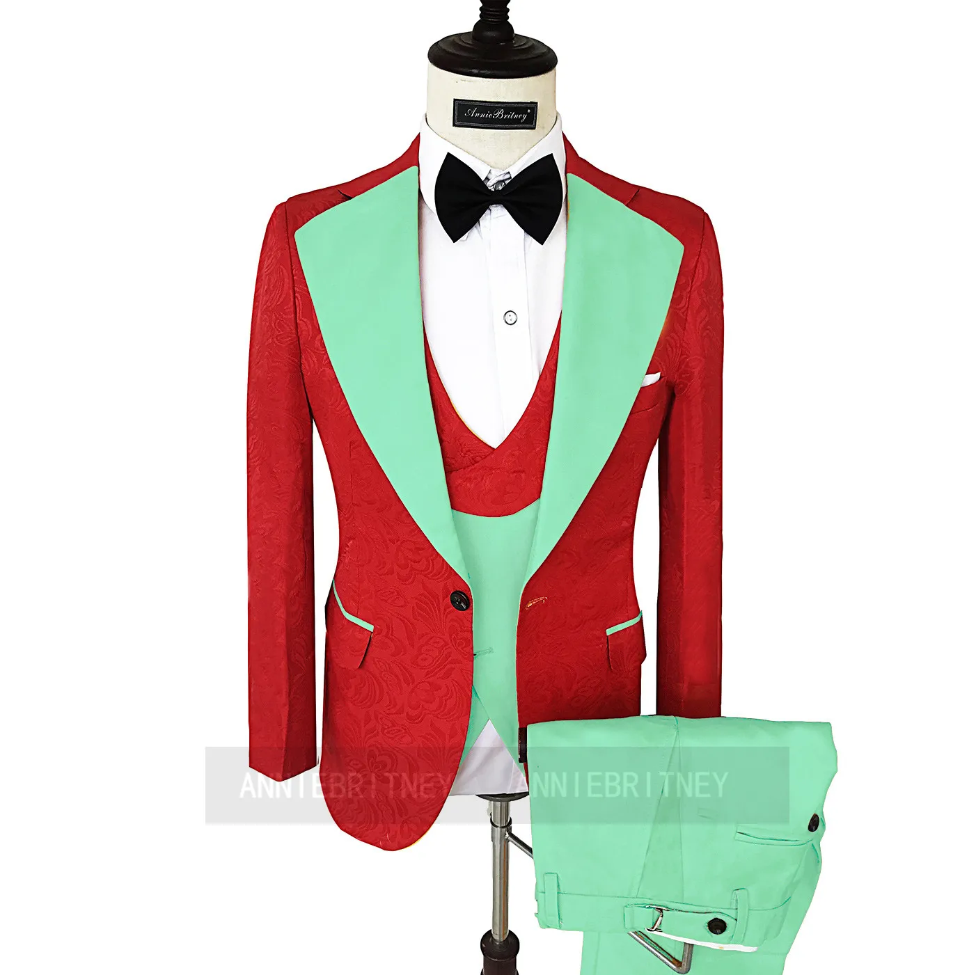 2023 Newest Red Suits For Men Slim Fit Plus Size Jacquard Blazer Mint Green Vest Pants 3Pcs Fashion Groom Prom Wedding Tuxedo