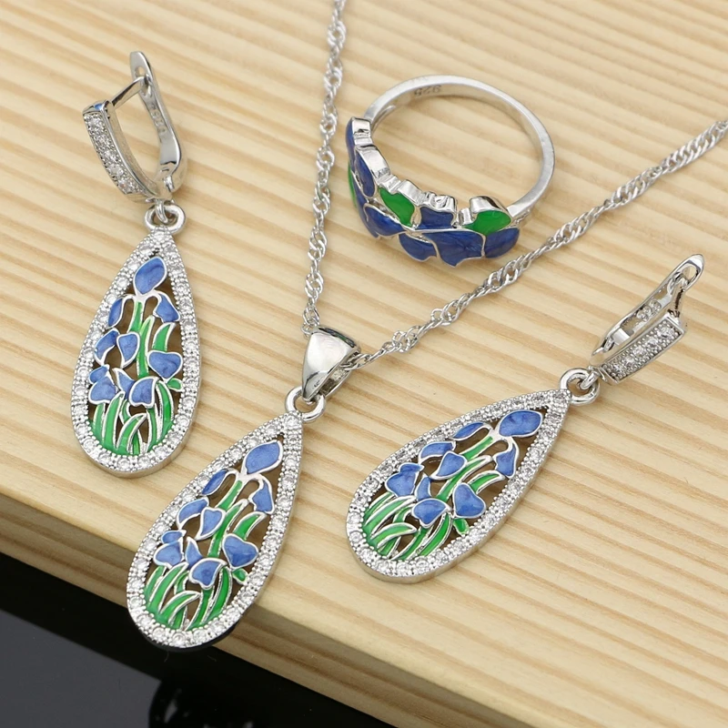 Blue Enamel Flower Silver Jewelry Sets for Women Pure 100% 925 Sterling Silver Earrings Ring Ladies Wedding Party Gift