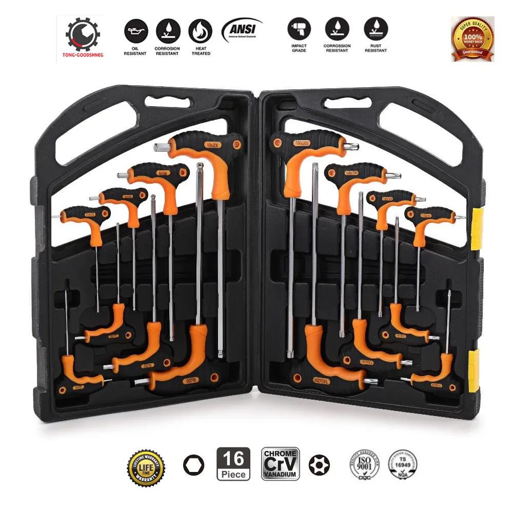 16PCS CRV T-Handle Hex Key Wrench Set H2-H10 Torx T10 T15 T20 T25 T30 T30 T40 T45 T50 Hex Hand Tool,Auto Bike Motorycle Reapair