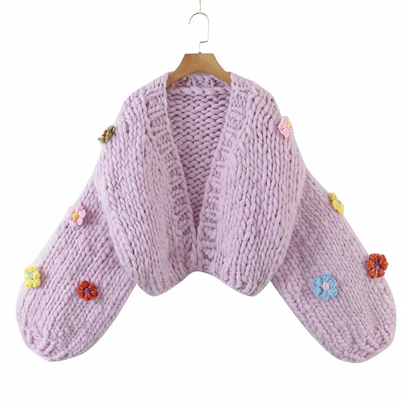 XIKOM 2021 Women Handmade Flowers Sweater Short Coat Vintage Lantern Sleeve Thick Knit Cardigan Female Autumn Winter Outwear